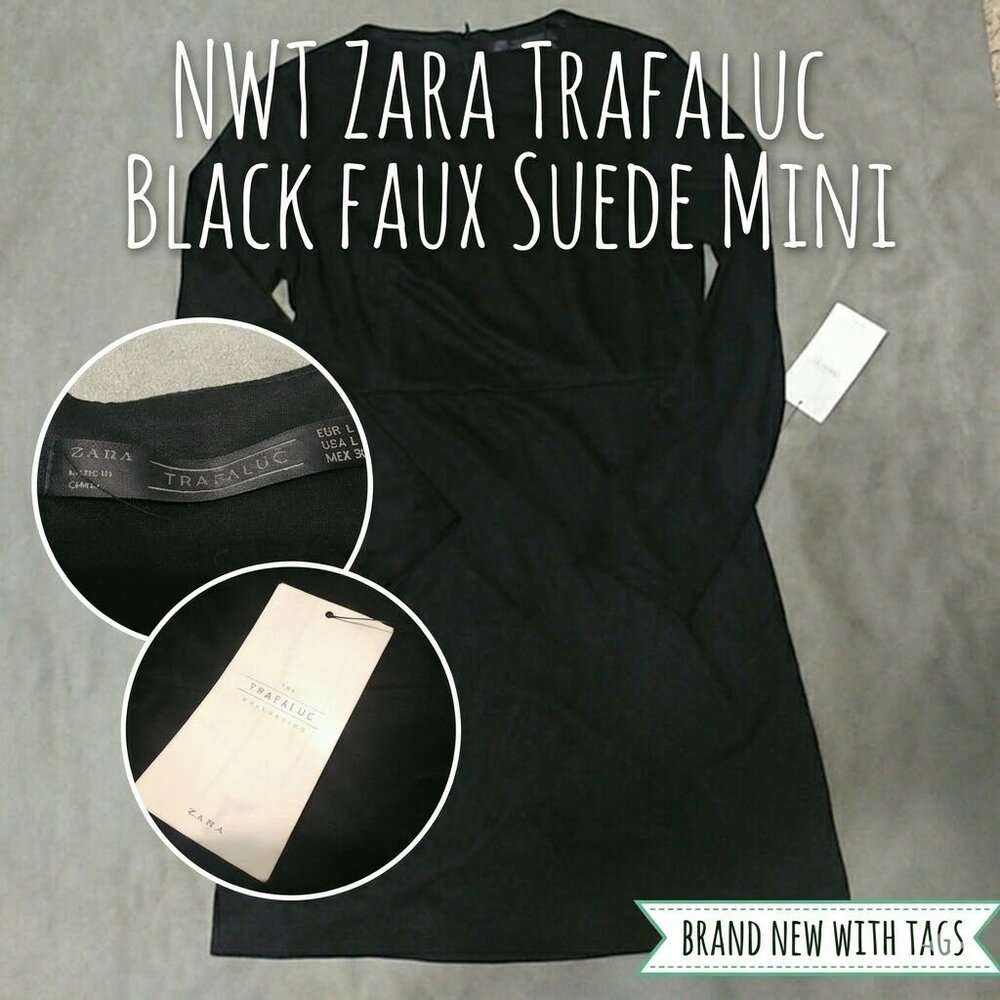 NWT Zara Trafaluc Black Long Sleeve Faux Suede Mini Dress - Size L - Picture 2 of 5